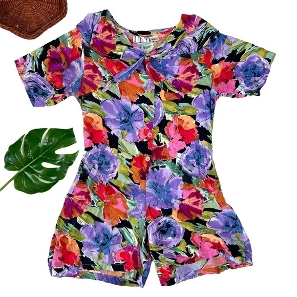 In Charge Vintage 90s Retro Colorful Floral Print Short Sleeve Romper Medium - Picture 16 of 16